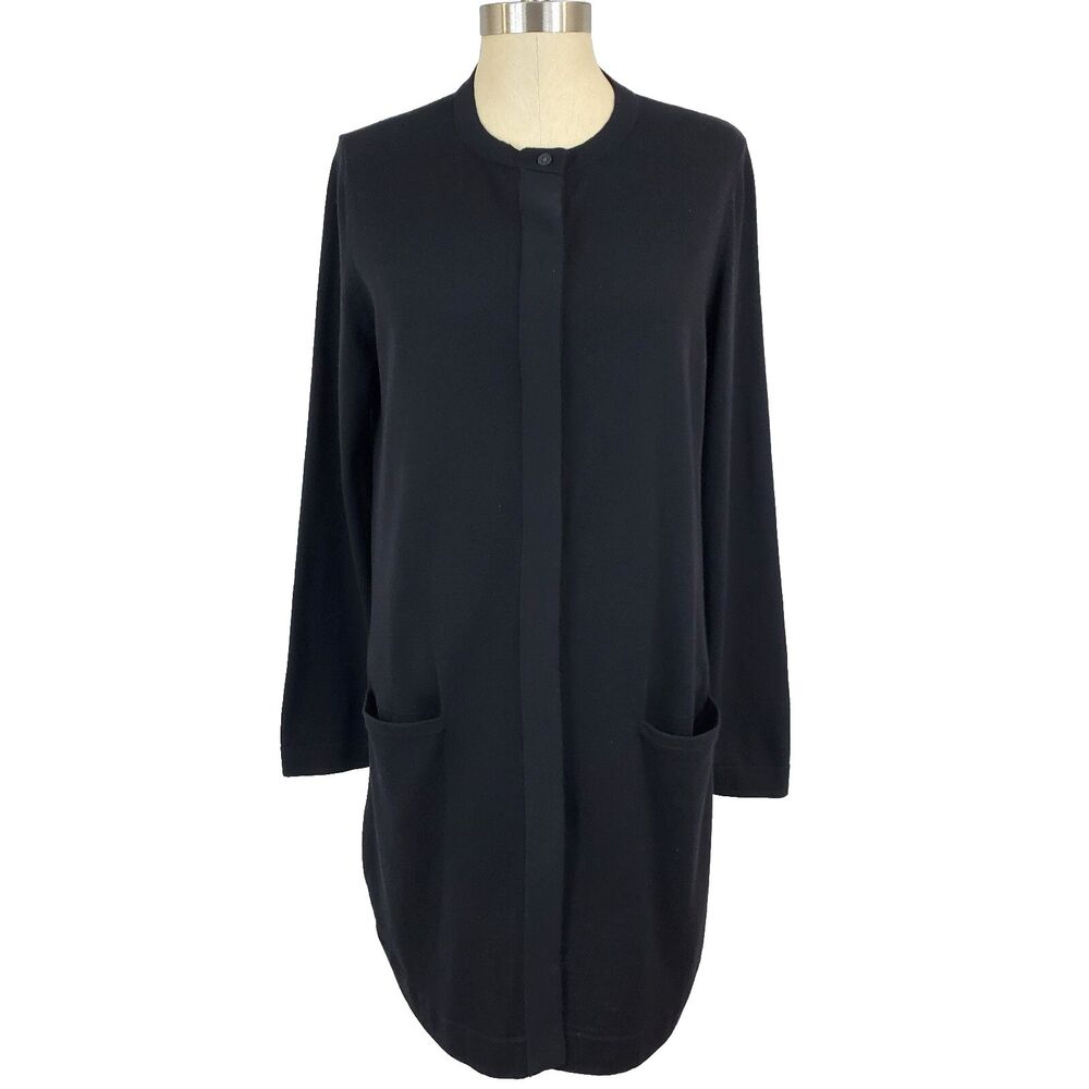 J.Jill Wool Cardigan Sweater M Long Duster Black Old Money Minimalist Classic